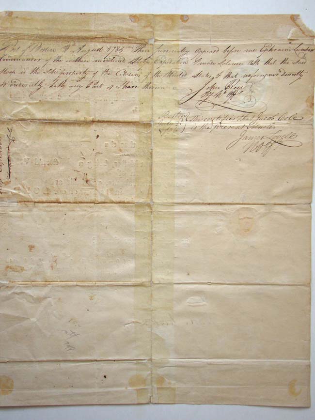 An 18th century Ships' Registry document signed by JOHN HANCOCK as Governor of Massachusetts on Jan.22, 1785. — image 5